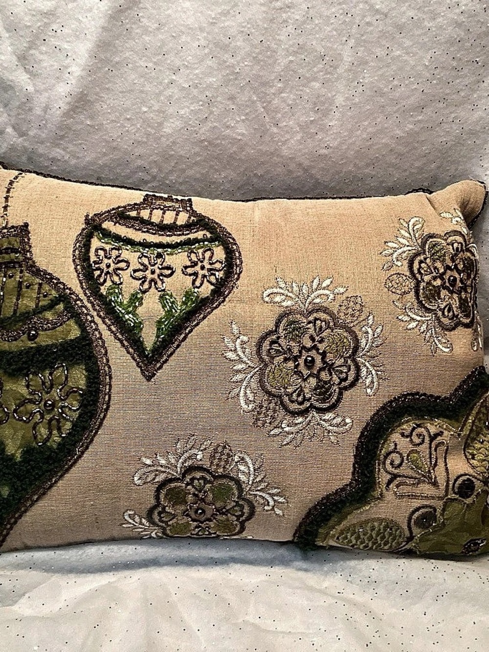 Pier 1 Holiday Pillow Linen Green Embroidered Ornaments Sequins Beads